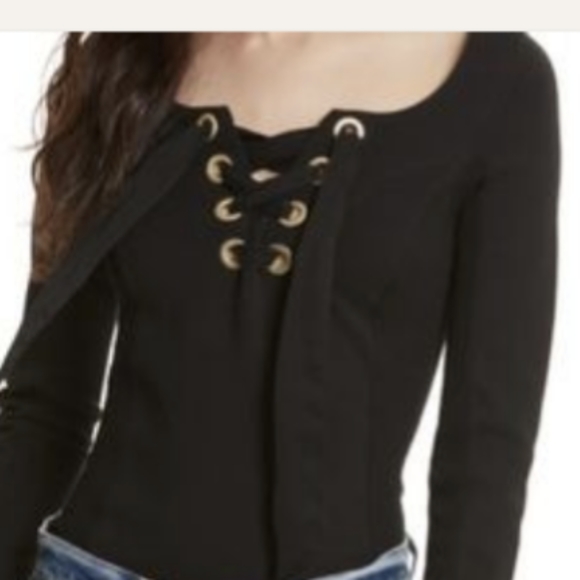 Free People Looking Back Shirt Long Sleeve Lace-Up Black Top Size Small - Picture 2 of 6